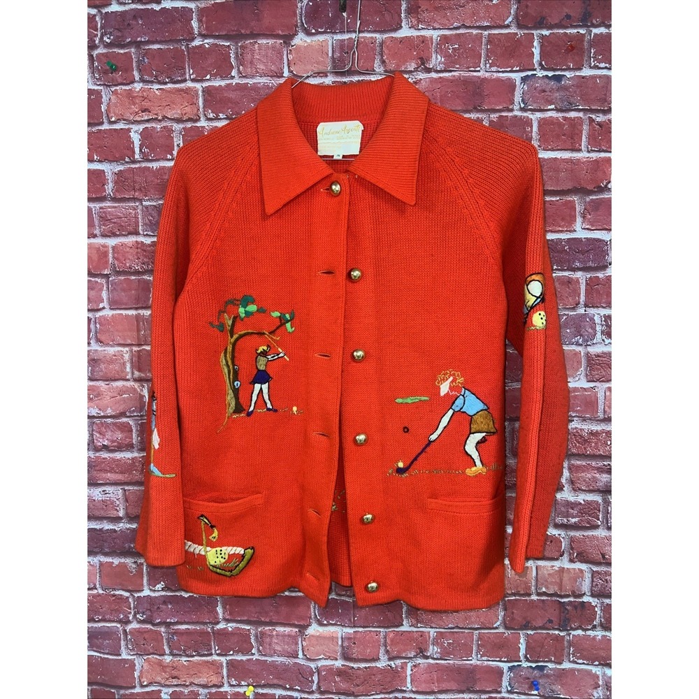 Vintage Andremo Argenti Orange Golf Embroidered Cardigan Sweater Gold Buttons M
